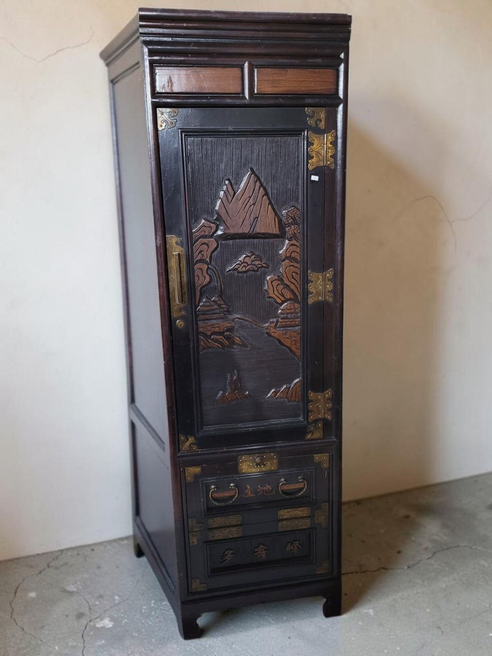 East Asian Carved Wooden Wardrobe / Storage Cabinet